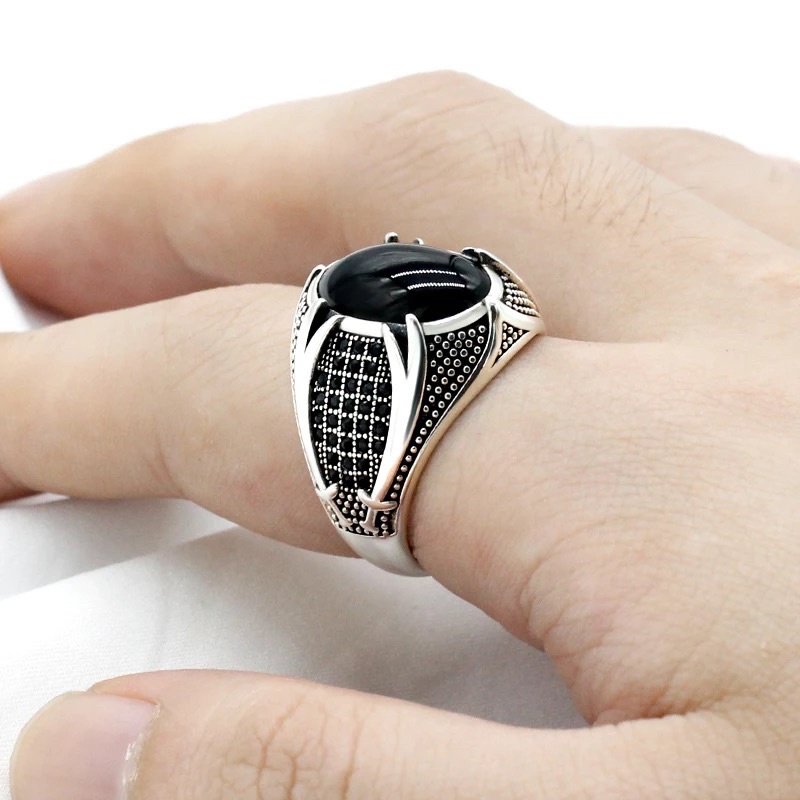 Cincin Batu Akik Black Onix Agate Hitam Pekat Elegan Berkelas