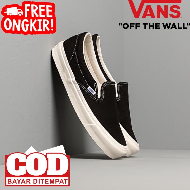 VANS SLIP ON BLACK WHITE POLOS SEPATU SANTAI PRIA SEPATU KASUAL SEPATU SELOP PRIA