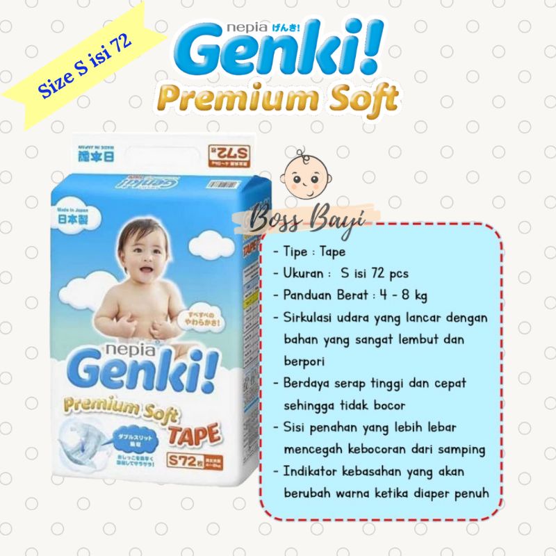 Nepia Genki Premium Soft Tape S 72 / Diapers Popok Perekat Bayi Sekali Pakai size S isi 72