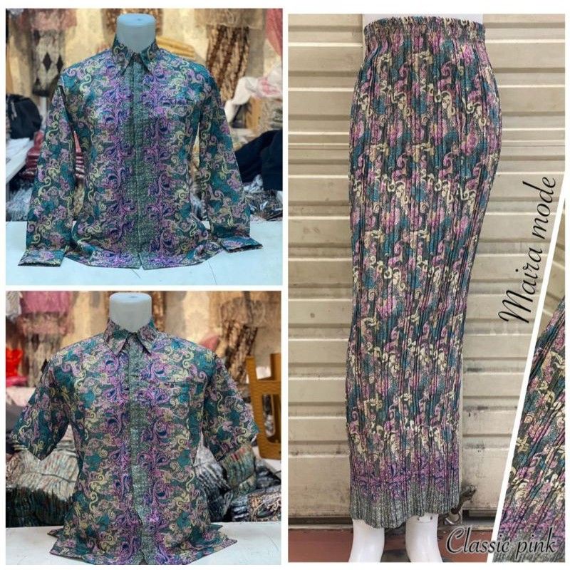 Couple Kemeja Batik Rok Plisket / Bawahan Kebaya / Kemeja Batik Panjang / Hem Batik Pria Pendek