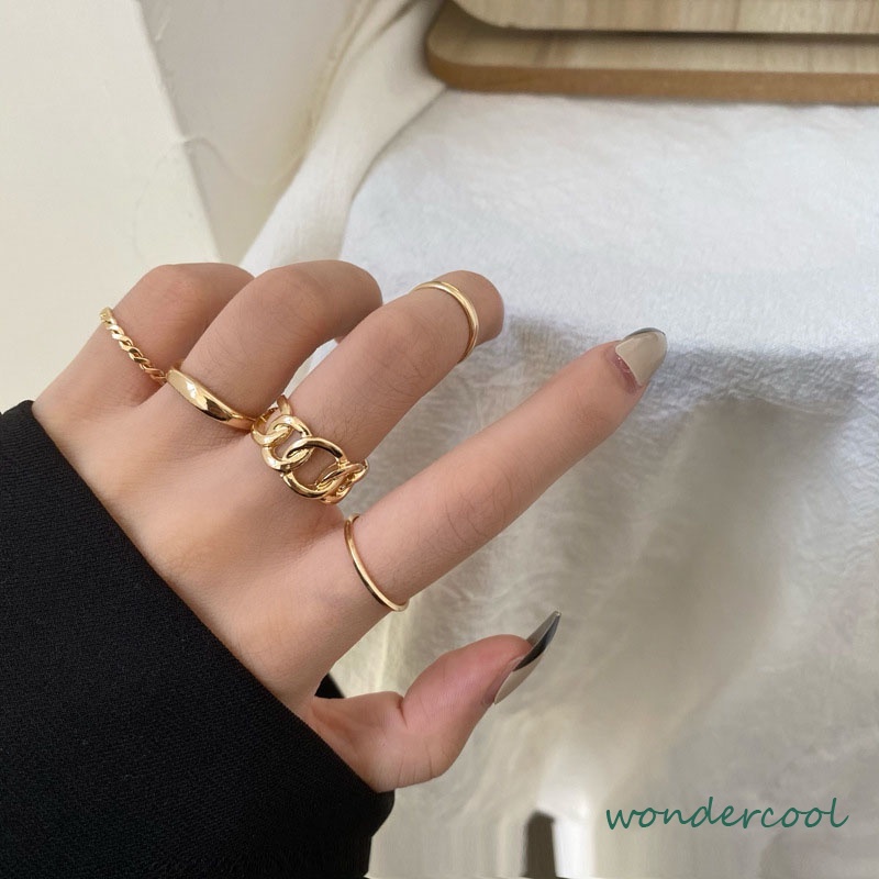 5pcs / Set Fashion Cincin Wanita Model Terbuka Geometri Warna Silver / Gold Gaya Vintage-Won