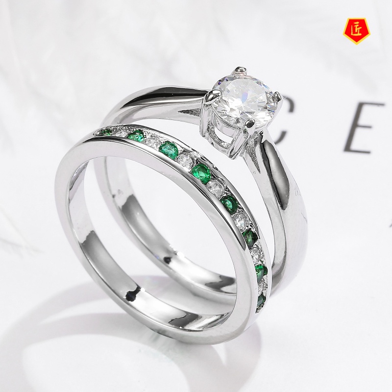 [Ready Stock]Simple Elegant Emerald Diamond Ring Set