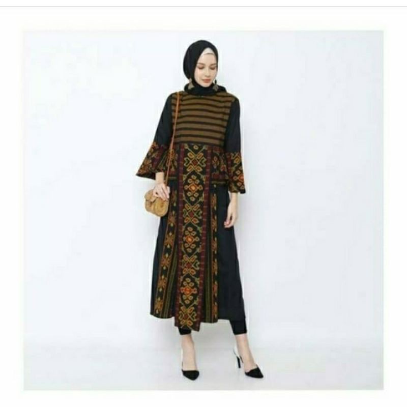 gamis tenun mix lurik dan polosan hitam
