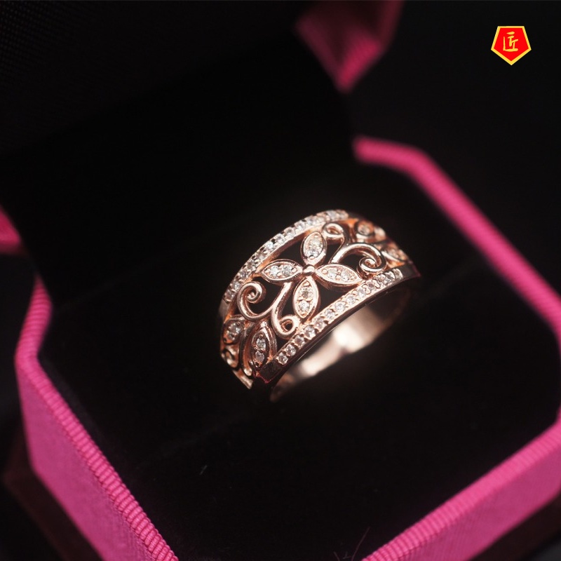 [Ready Stock]Women's Fashion Rose Gold Four-Leaf Clover Hollow Ring