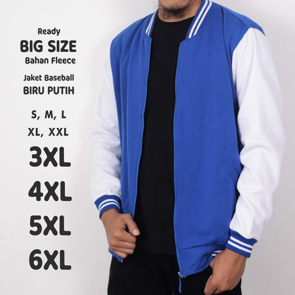Jaket Bomber Jumbo Big Size Baseball Biru Putih S M L XL XXL 3XL 4XL 5XL 6XL