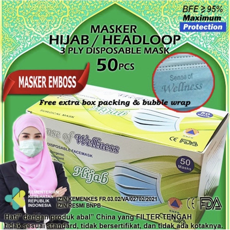 Masker Hijab 3 Ply Medis Bedah Headloop 3Ply Disposable Surgical Mask (Harga/box) HIJAB WELLNESS