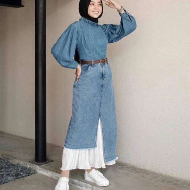 Girls jeans skirt/rok plisket jeans/rok panjang wanita muslim/rok cewe lucu/rok jeans panjang murah