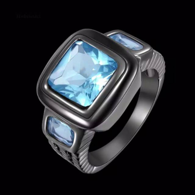 Cincin Akik Topaz Sky Blue Aquamarine Biru Laut Ring Black Gun Plated