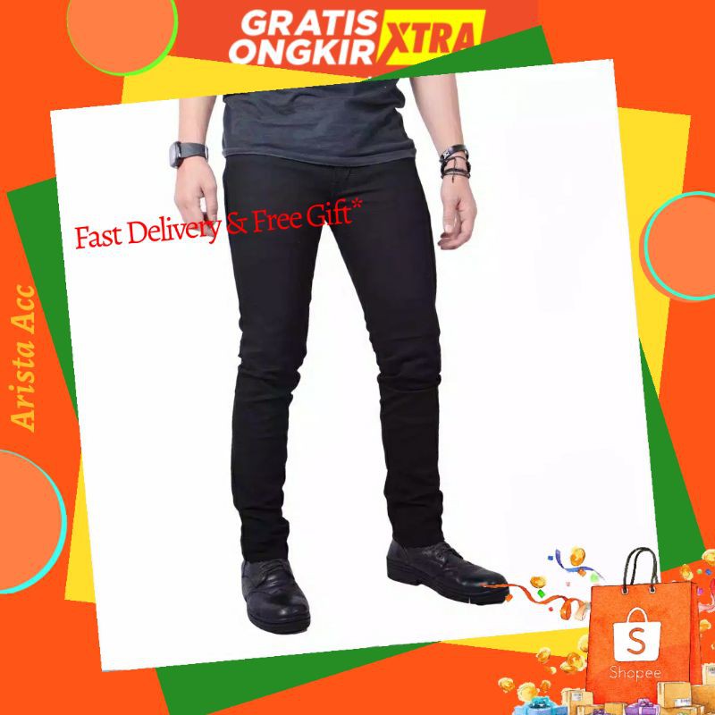 Celana Jeans Panjang Pria - Jeans Stretch Pensil Hitam Pekat Allmerk Size 27-38