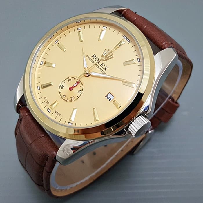 Jam Tangan Pria / Cowok Rolex Automatic Big Size Leather Brown Gold Army