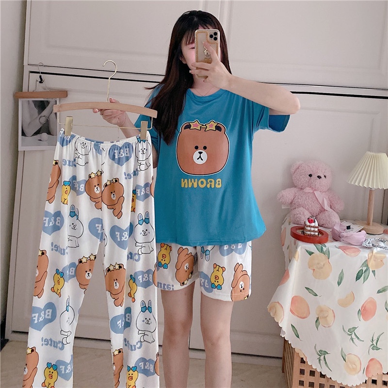 Baaju.id Baju Tidur 3in1 Piyama Import Wanita Baju Rumah 1 Set Lengan Pendek Celana Pendek &amp; Panjang