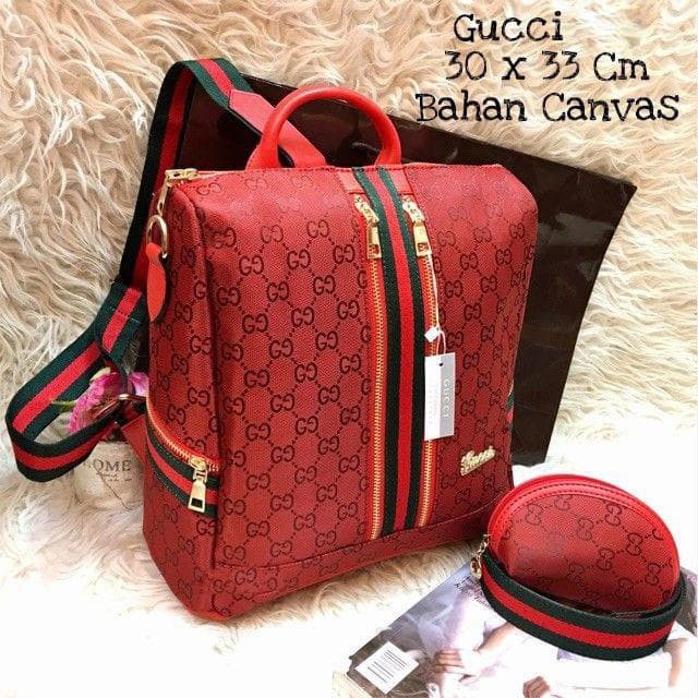 New  Tas Wanita Ransel Selempang Gucci Unik Canvas Cream Hitam Grey Red