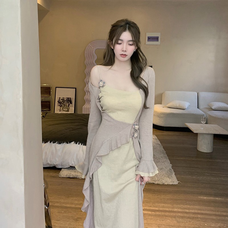 midi dress korea fake two piece long sleeve dress sexy small fragrance skirt women