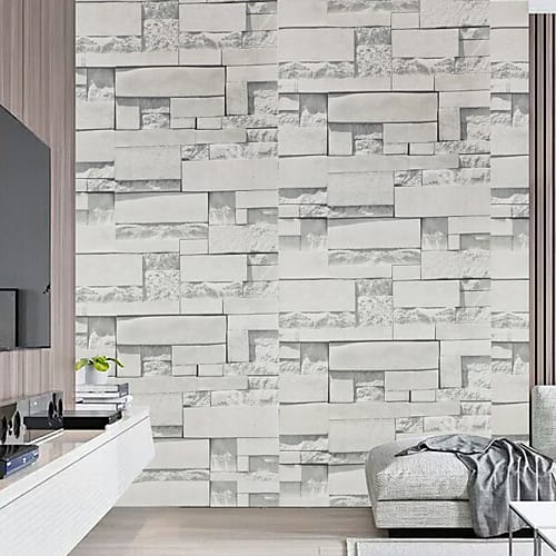 Wallpaper Dinding Ruang Tamu 3D Motif Batu Alam Abu-abu