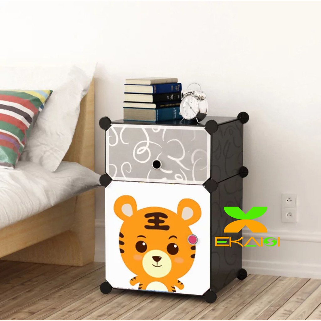 Ekaisi Lemari plastik bedside table anti air rak buku susun 2 pintu/kotak pintu doraemon