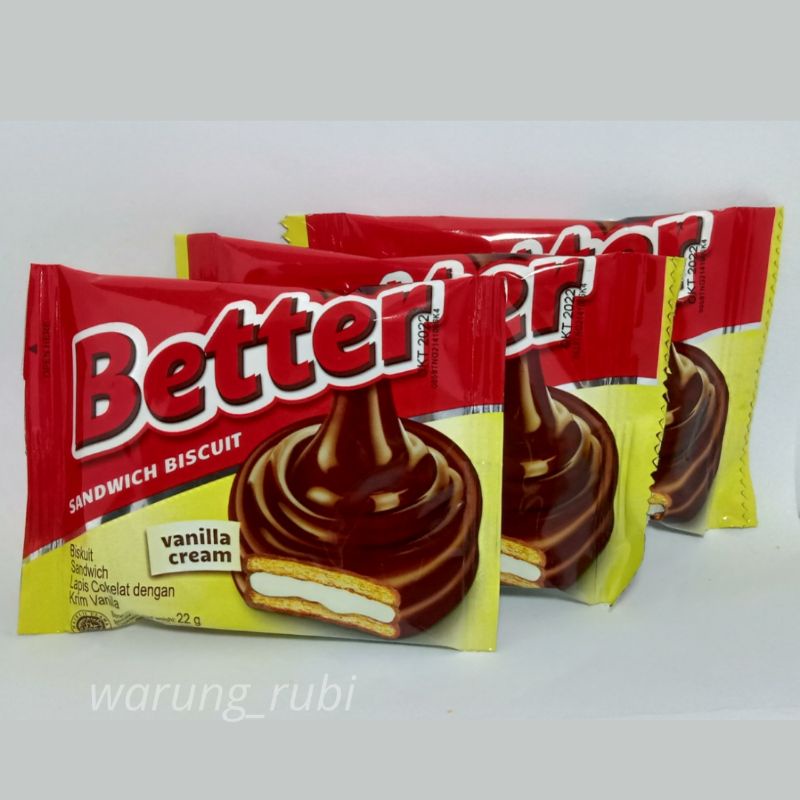Better Sandwich Biscuit lapis Cokelat Krim Vanila 22 gram, harga 1pcs. Cemilan Snack Chiki Biskuit C