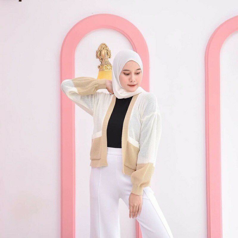 MANDA OUTER BAJU CARDY 2 TONE CARDIGAN Pakaian Rajut Wanita Atasan Rajut Wanita Fashion Rajut Wanita