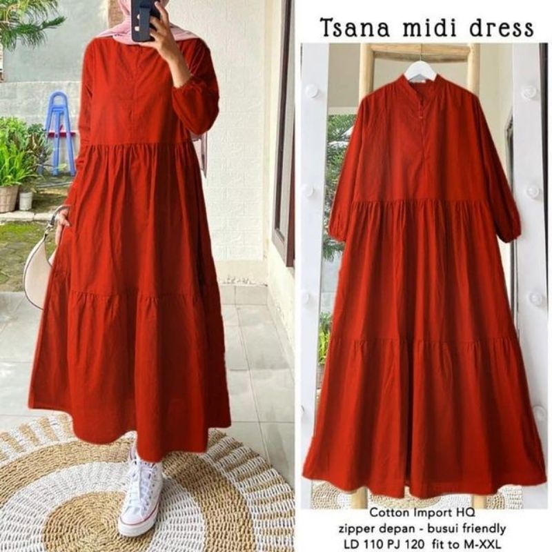 Midi Dress Katun. Fashion Muslim. Pakaian Wanita.  Midi Tunik. Tsana Midi Dress