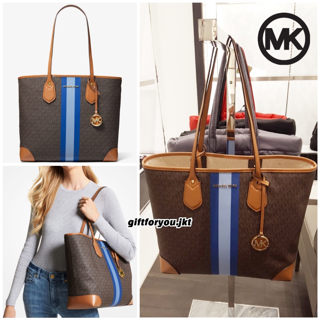 Tas Michael Kors Eva Large Signature Logo Blue Stripe Tote Bag Original Wanita Cewek
