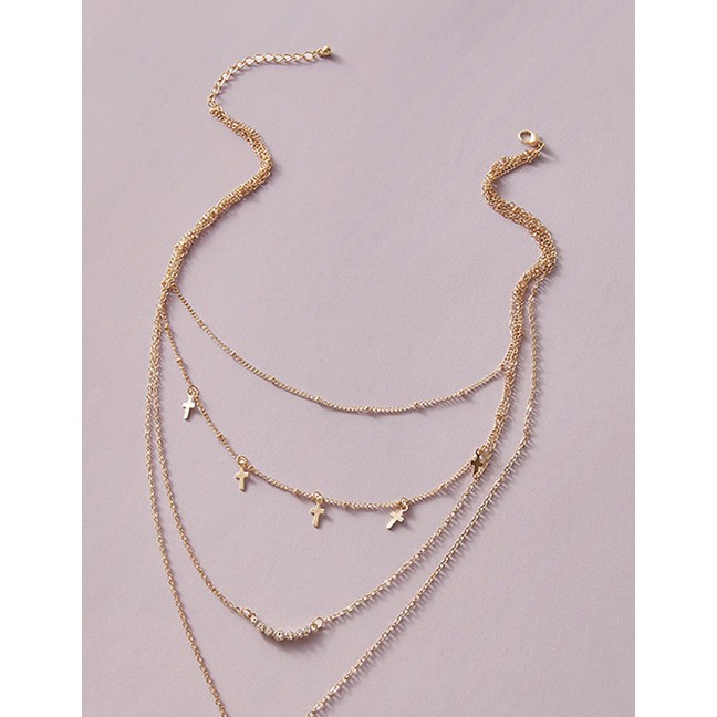 LRC Kalung Fashion Gold Color Triangle Alloy Cross Multilayer Necklace P14794