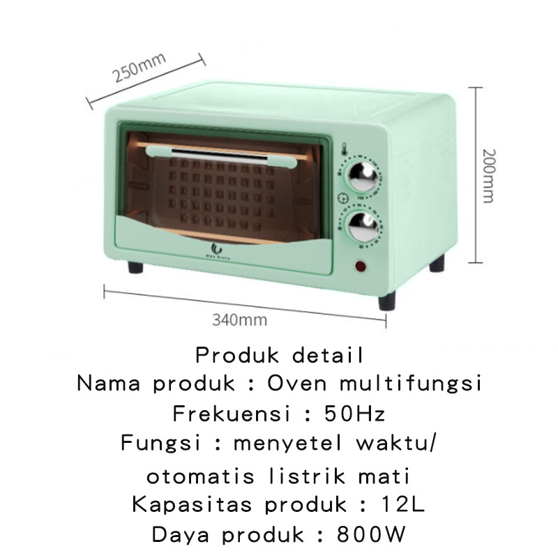 Oven listrik HROV01GN oven listrik low watt 800W tombol pilih suhu dan waktu yang dapat disesuaikan 12L