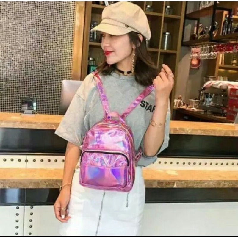 Tas Ransel Wanita Hologram Bling bling Kecil mini muat banyak bisa dipakai hangout warna silver pink