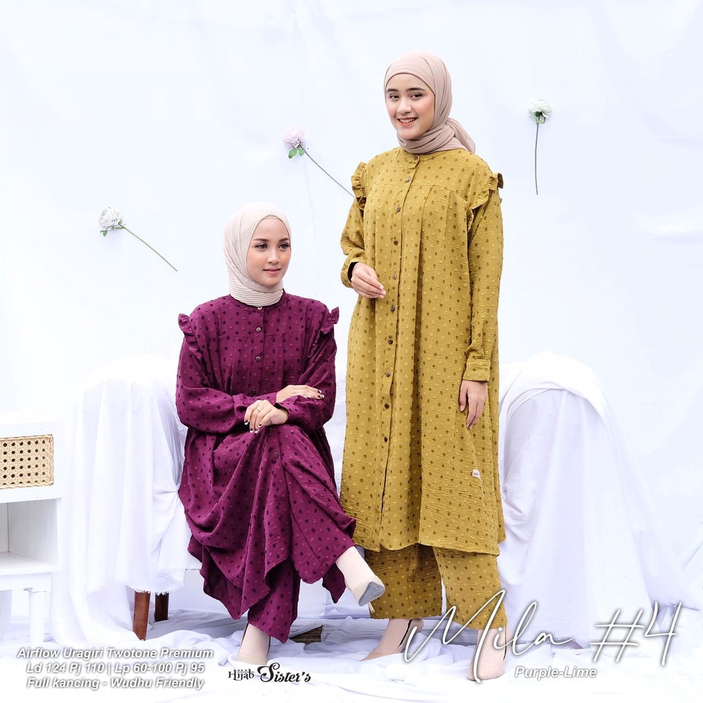 Hijab Sisters Mila One Set Baju Setelan Wanita Long Tunik Bahan Airflow Premium LD 124-2