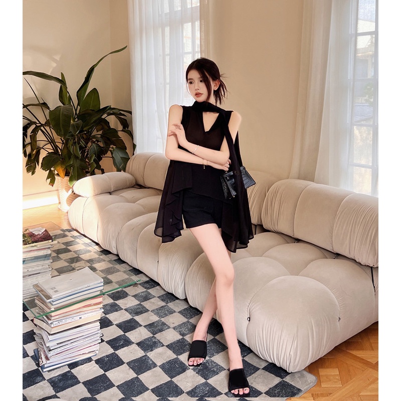 Suhao hitam v-neck kemeja gaun peri musim panas gaun hitam kecil temperamen halter leher sifon tanpa