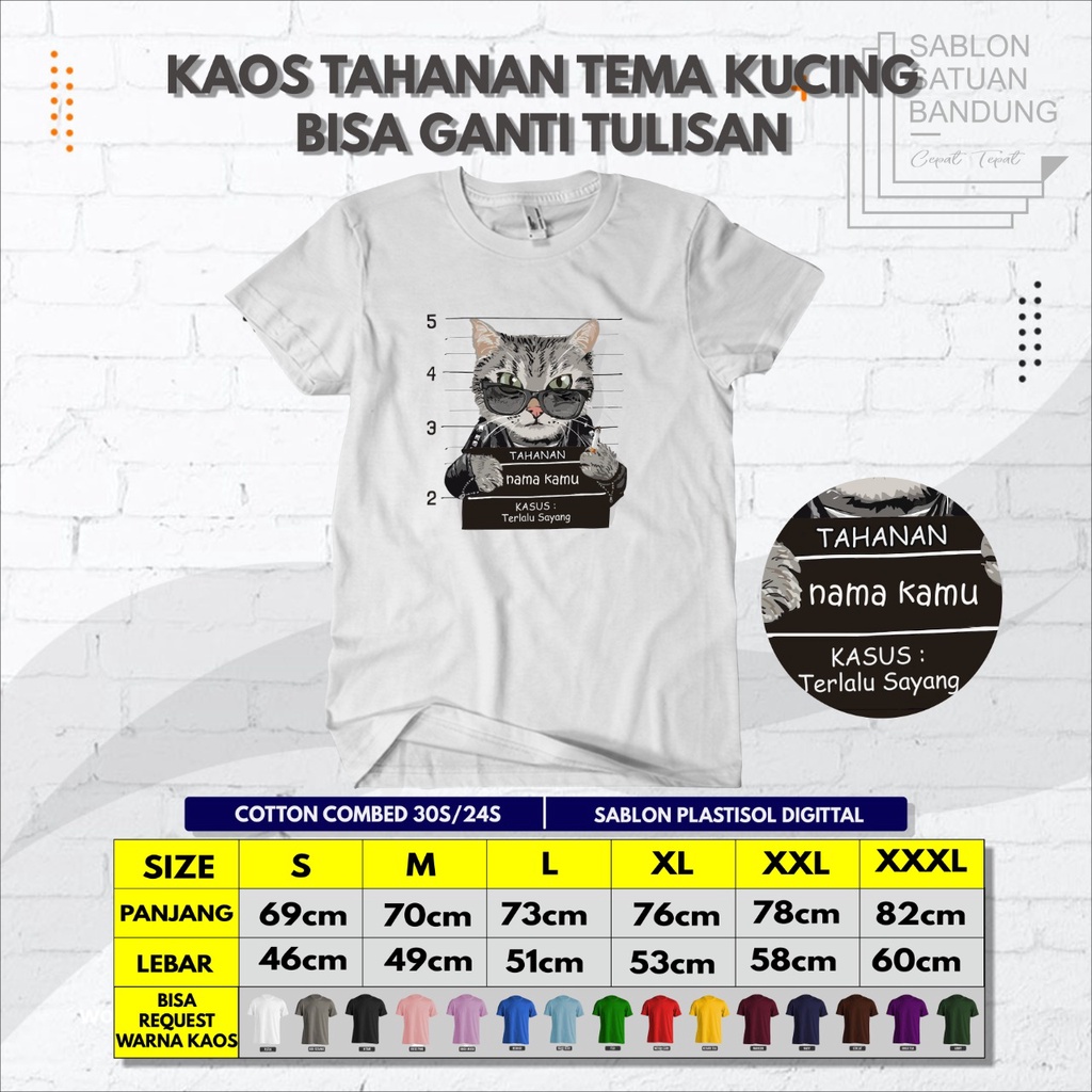 Baju Kaos Tahanan Gambar Kucing Sablon Custom Nama Tulisan