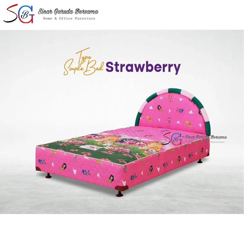 SIMPLE BED KASUR SPRING BED ANAK KARAKTER STRAWBERRY / KASUR ANAK PEREMPUAN WARNA PINK GAMBAR STRAWB