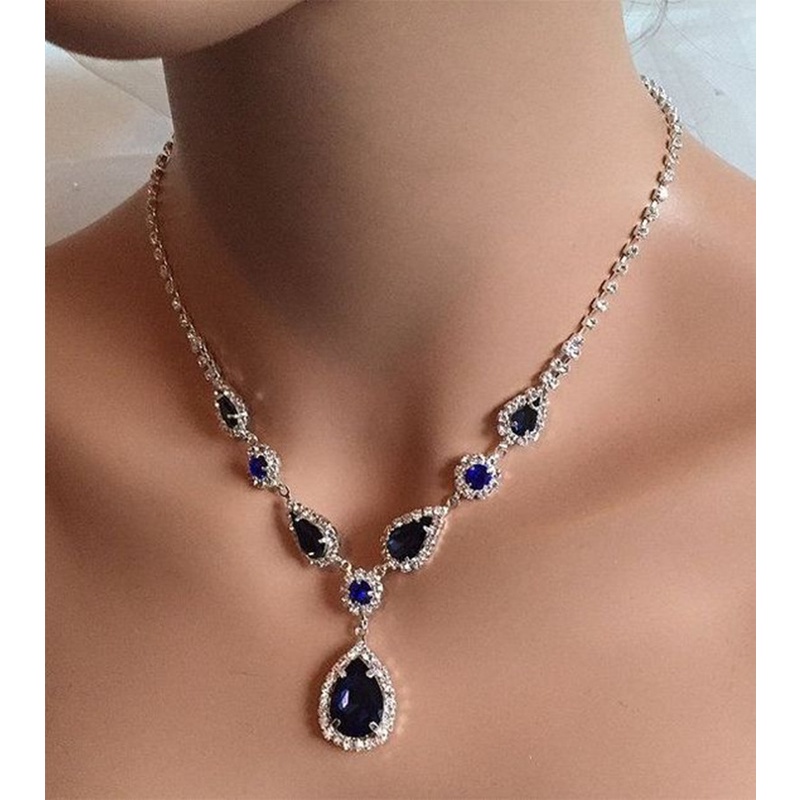 Kalung Bahan Stainless Steel Aksen Zircon Warna Biru Untuk Wanita