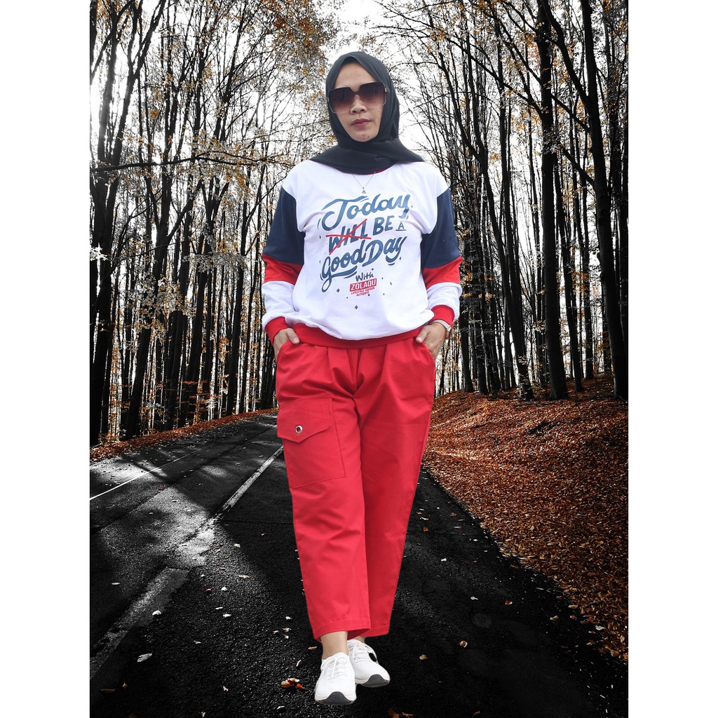SETELAN WANITA KAOS ZOLAQU LENGAN PANJANG TODAY PUTIH & BAGGY PANTS PANTALONI MERAH BAHAN KATUN