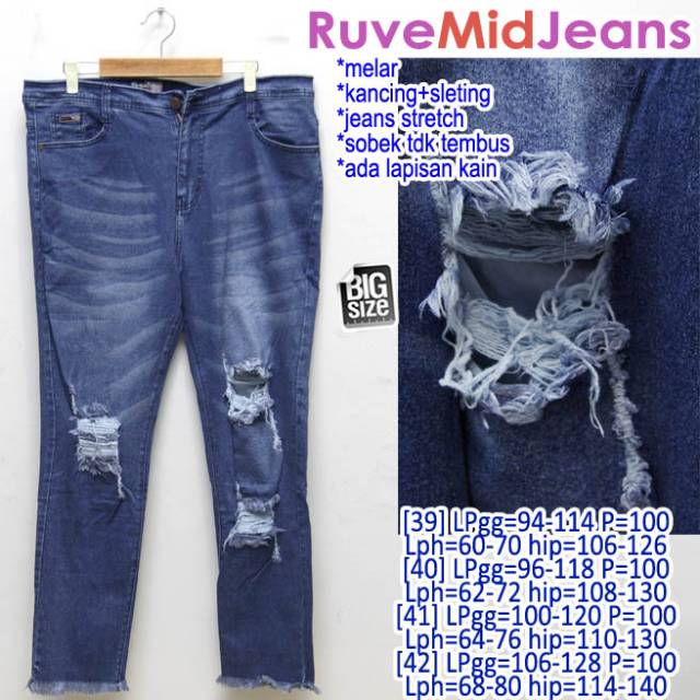 Ruve Mid Jeans CELANA JEANS WANITA SOBEK TIDAK TEMBUS MELAR SUPER JUMBO BIG SIZE 39 40 41 42