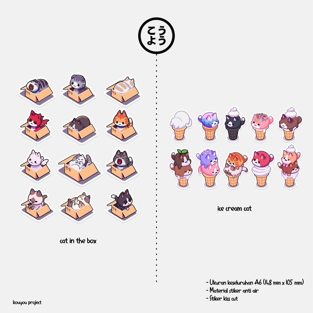 

1 lembar (10-12 pcs) Stiker Kiss Cut Anti Air Gambar Cat in the Box dan Ice Cream Cat untuk Jurnal / Scrapbook (Pack C07-08)