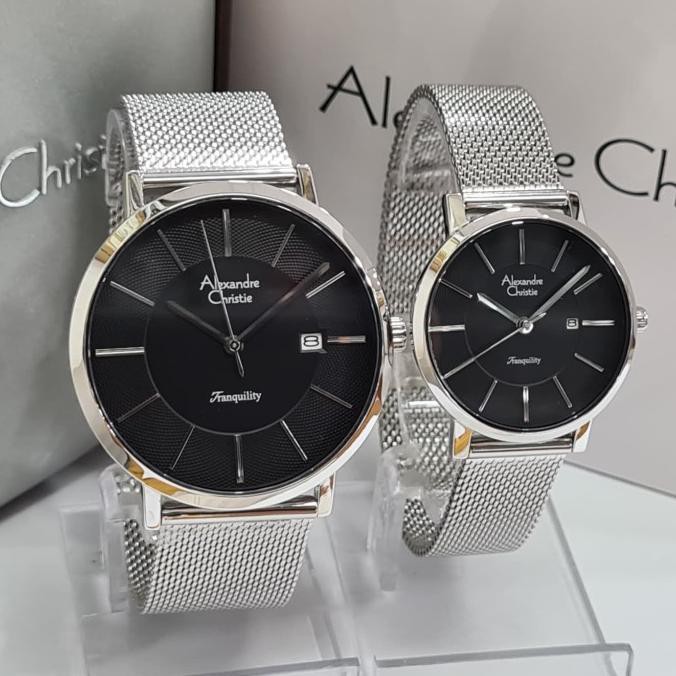 Jam Tangan Couple Alexandre Christie Ac 8628 Silver Black Original Mikayla.Outlet