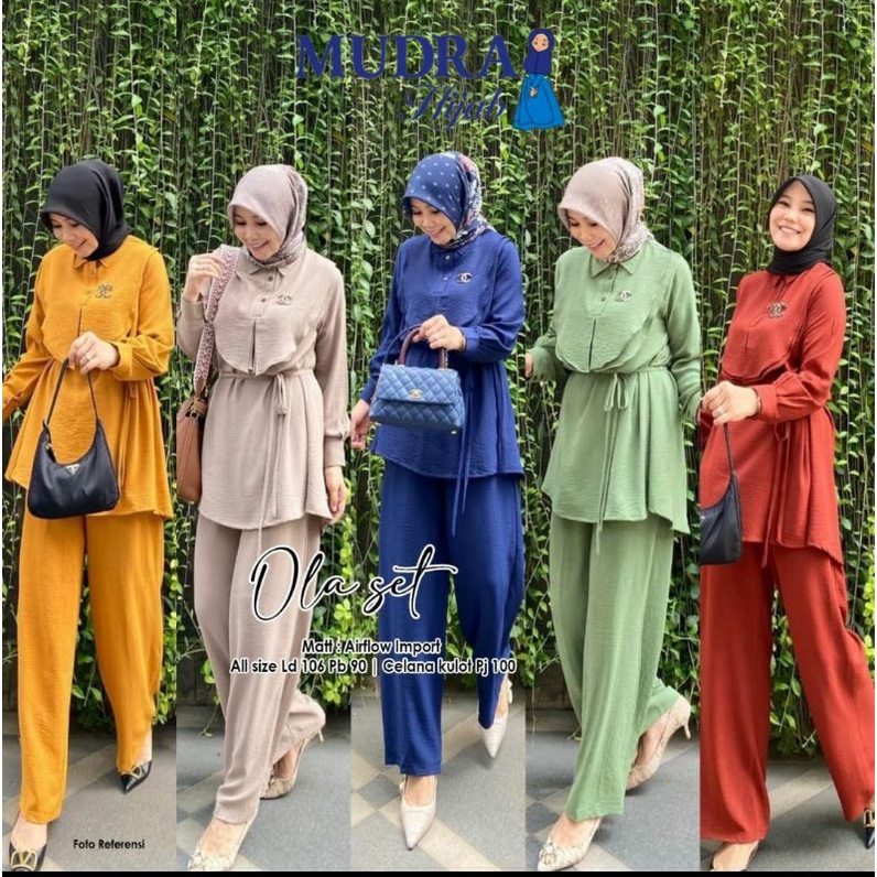 OLA SET BY MUDRA / ONE SET BERBAHAN AIRFLOW / SETELAN CELANA WANITA MUSLIMAH TERBARU