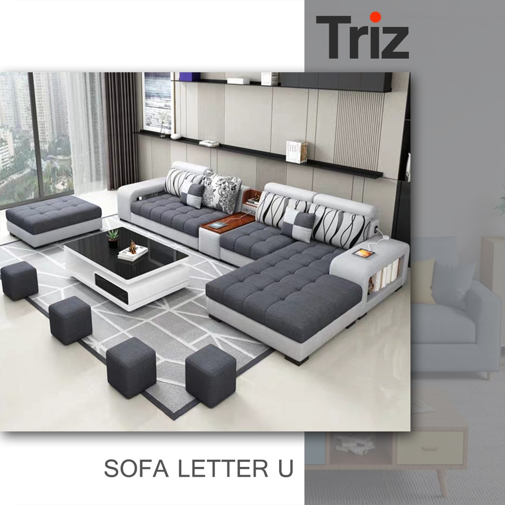 sofa minimalis u 7 seater furniture minimalis warna grey putih bonus meja minimalis [Triz Furniture]