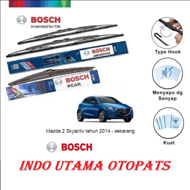 Wiper Depan Belakang Mazda 2 Skyactiv BOSCH Set ADVANTAGE