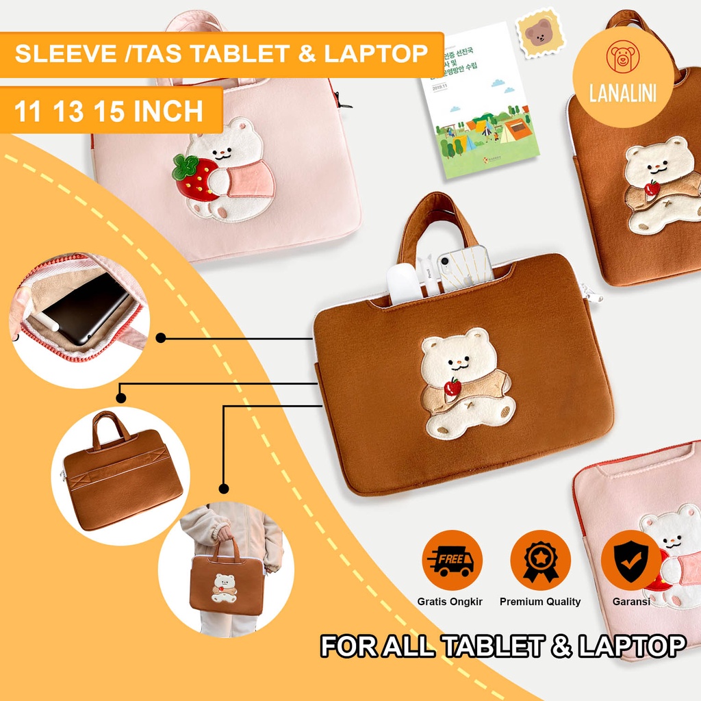 Sleeve Pouch Sarung Tas Bag Case Ipad Tab Tablet Macbook Air Pro Laptop Asus Acer Lenovo HP Huawei 11 12 13 14 15 inch Motif Gambar Kartun Bear Beruang Strawberry Cherry Pink Coklat Brown Cute Murah Korean Jinjing Tali Strap Waterproof Tahan Air Slot