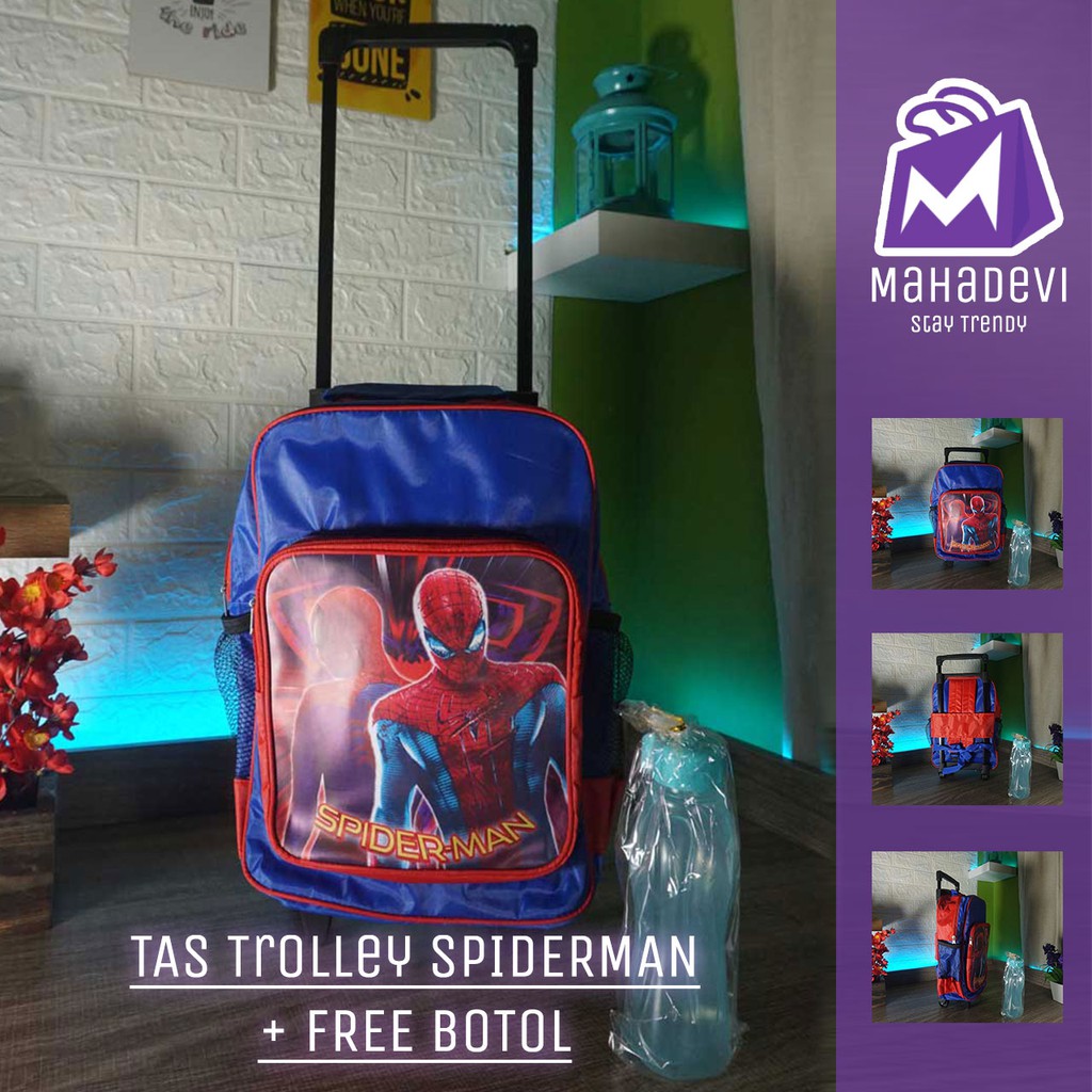 Tas Troli Anak Sekolah Cowok Karakter Spiderman Biru Trolley Koper Dorong