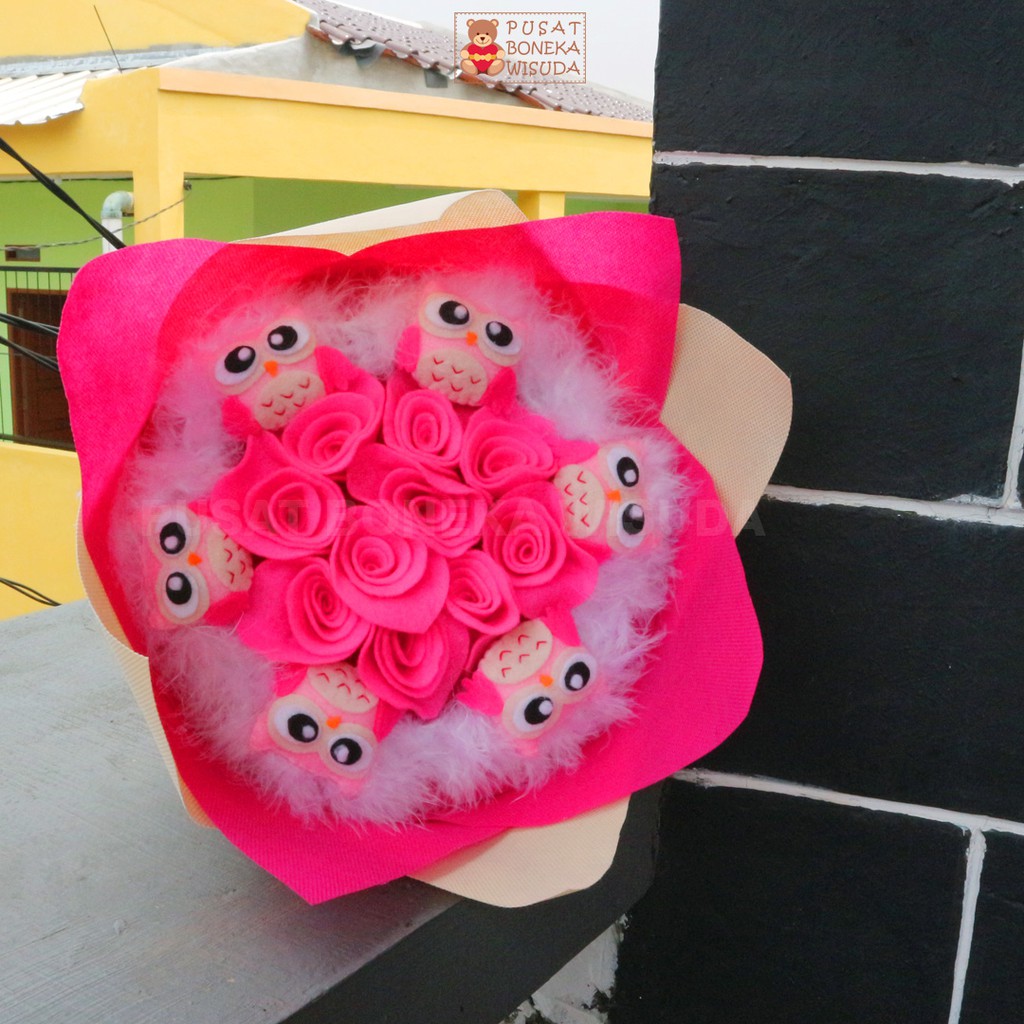 Bunga Boneka Owl Pink Burung Hantu Buket Karakter Buket Wisuda/AnniversaryUltah/Hadiah/Souvenir/Kado