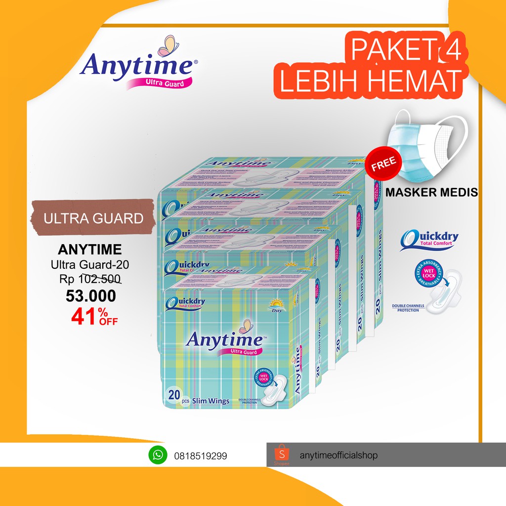 

Anytime Pembalut - Ultra Guard Day 24pc - 24cm Active Day And Relax Night - Paket 4 Bags