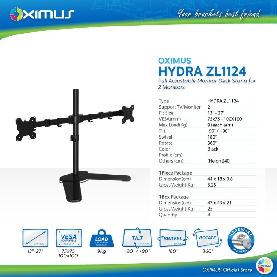 Bracket Meja LCD LED TV 2 Monitor 13&quot; - 27&quot; OXIMUS HYDRA ZL1124