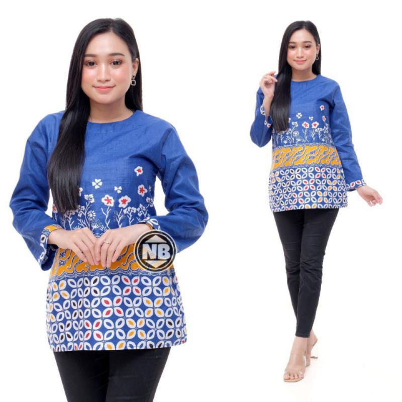 tey-17 Batik wanita ASJ SA HRB026 Kenongo Kemeja Tosca Pendek-Sinaran biru