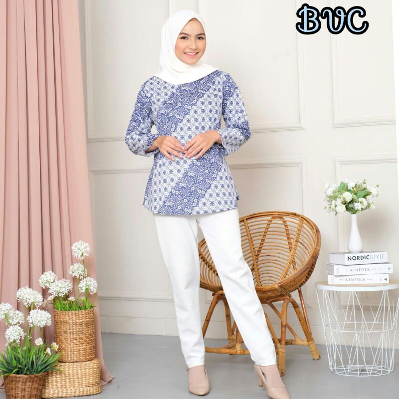 tey-17 Batik Wanita ASJ SA HRB026 Kenongo Kemeja Tosca Pendek-Blues Kombi Biru