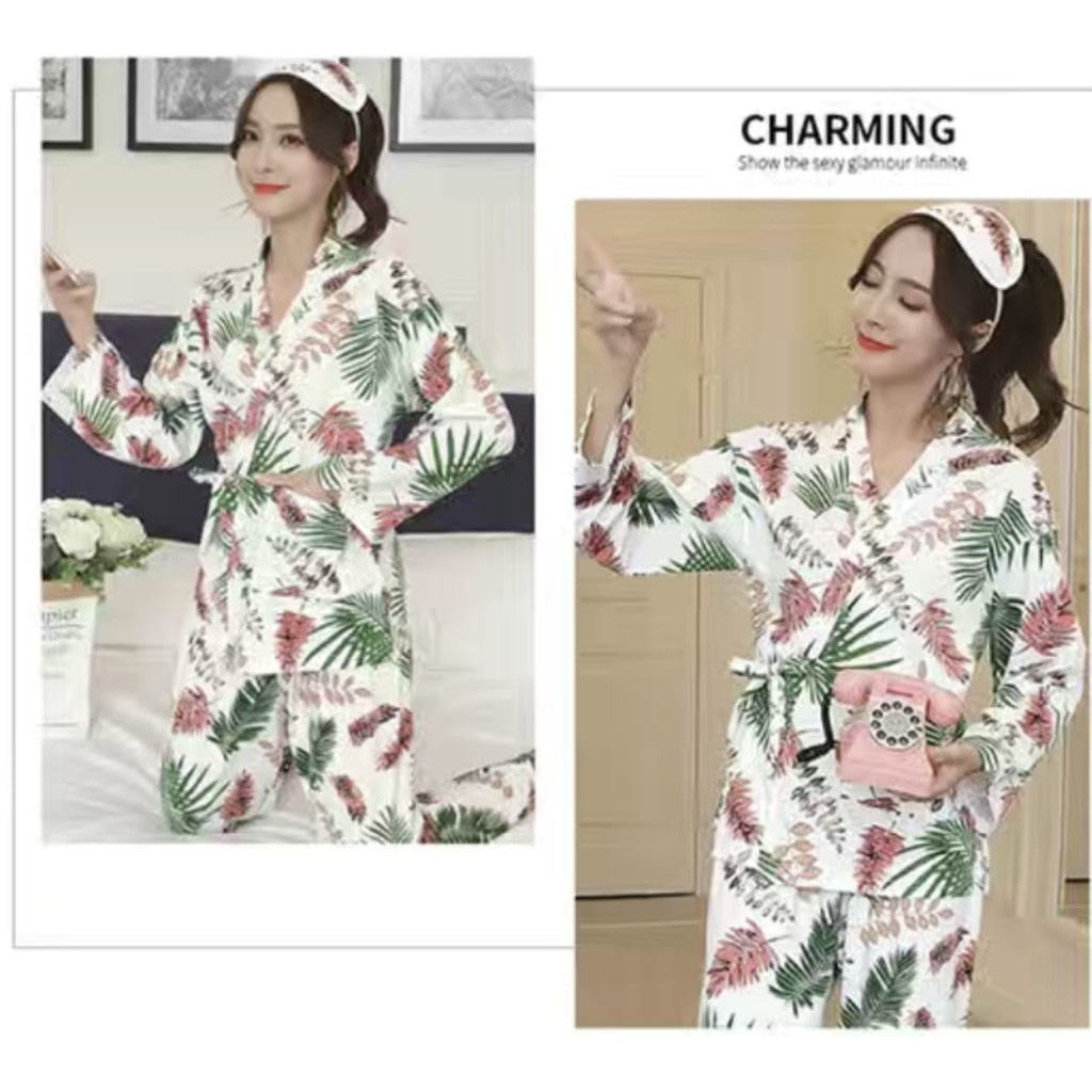 baju tidur kimono satin dan katun import cp motif daun