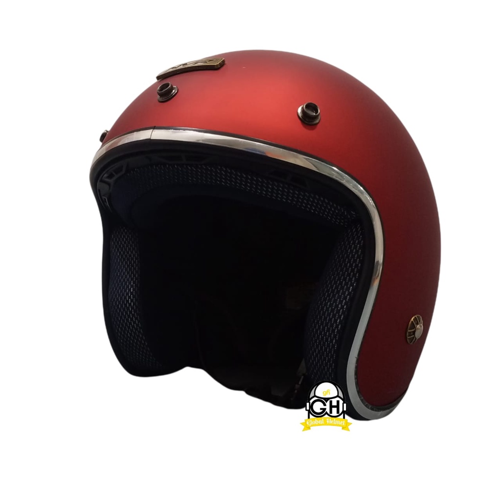 Helm Retro List Chrome Maroon Doff Helm Bogo Half Face SNI Free Kaca Flat