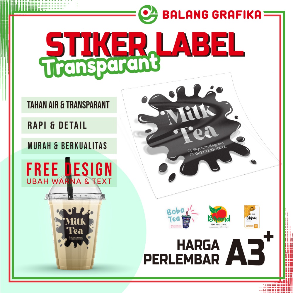 

Stiker Label Produk Print Sticker Lebel Pruduct Kemasan Cup Gelas Botol Minuman A3+ Vinyl Transparan + Cutting
