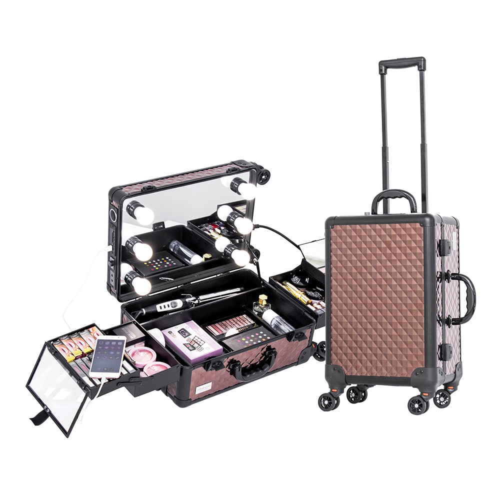 Sonia Miller Cabin Size Diamond Coffee Dark Brown Beauty Makeup Case With 6 TriColor Led Light Bulbs