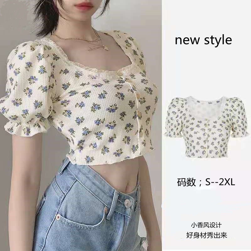 BF Angin T-shirt Wanita Musim Panas Perancis Puff Lengan Floral Top Pendek Renda Pusar Gaun Tipis da